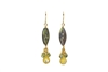Stunning drop Earrings crafted in the U.S. by Silver Pansy. The long Labradorite cylindrical Gemstone holds a drop of Citrine Gemstone with a cluster of Green Sapphires.  Gold Filled Sterling Silver Posts. Length 1 3/4"
