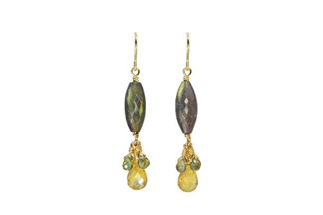 Stunning drop Earrings crafted in the U.S. by Silver Pansy. The long Labradorite cylindrical Gemstone holds a drop of Citrine Gemstone with a cluster of Green Sapphires.  Gold Filled Sterling Silver Posts. Length 1 3/4"