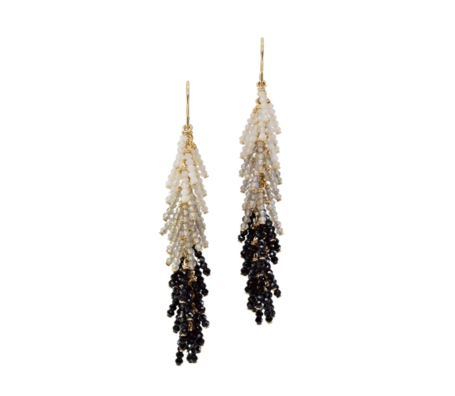 These Chandelier Earrings will light up any outfit. Graduating in color, the descending drop starts with White Opals, then Silver Labradorite and ends with Black Spinel Gemstones. Made in 14k Gold Filled wire & chain by Silver Pansy. Posts. Length 2 1/2"