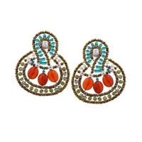 From Ziio's new Spring/Summer Collection - these "Goiaba Nest" Earrings are done in a harmonious mix of Orange Carnelian & Green Zircon Gemstones. Hand beaded on stainless steel wire and accented with Murano Glass Beads & White Water Pearls.  Silver Post