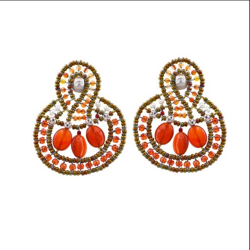 From Ziio's new Spring/Summer Collection - these "Goiaba Nest" Earrings are done in brilliant Orange Carnelian & Zircon Gemstones. Hand beaded on stainless steel wire and accented with Murano Glass Beads & White Water Pearls. 925 Sterling Silver Post