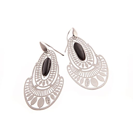 From Ziio's Silver Collection, these intricately laser cut Sterling Silver Earrings have a single Black Onyx Gemstone as a drop a the center. Hand crafted in Italy. 925 Sterling Posts (not hooks as pictured). L 2 1/4" X W 1 1/8"