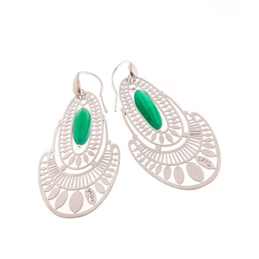 From Ziio's Silver Collection, these intricately laser cut Sterling Silver Earrings have a single Green Onyx Gemstone as a drop a the center. Hand crafted in Italy. 925 Sterling Posts (not hooks as pictured). L 2 1/4" X W 1 1/8"