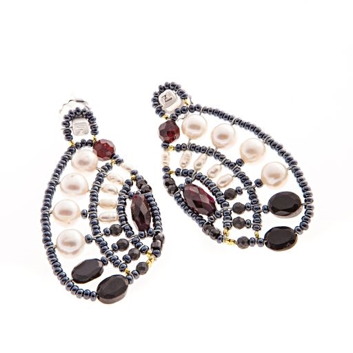 From Ziio's Aki Collection, these are beautiful Art-to-Wear designer Drop Earrings. Done in Black Onyx, Spinel, Zircon & Garnet Gemstones with White Water Pearls & Murano Glass Beads. Beaded on Stainless Steel wire. Signature 925 Sterling Silver Post.