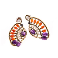 From Ziio's Aki Collection, these are beautiful Art-to-Wear designer Drop Earrings. Done in Orange Carnelian, Purple Amethyst & Zircon Gemstones with Murano Glass Beads. Beaded on Stainless Steel wire. Signature 925 Sterling Silver Post. Hand crafted
