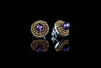 These Button Earrings by Ziio will make a wonderful addition to any wardrobe. A single Purple Amethyst Gemstone is surrounded by two rows of golden Murano Glass Beads. 925 Sterling Silver back & Post. Made in Italy. Dimension 5/8"