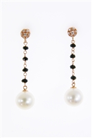 Beautiful drop Earrings that will take you from day to evening. From the White Diamond embelished Studs descends four Onyx Gemstones holding a single White Pearl (aprox 11mm). Made in Italy by Zoccai in 18K Gold. 0.12ctw Diamonds. Length 1 5/8"