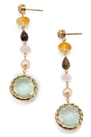 Beautiful long, Pastel, Drop Earrings featuring a Green bezel set Amethyst Gemstone accented with Citrine, Smokey Quartz, Pink Quartz & Pink Pearl. The posts have prong set Diamonds. 26.20tcw. Made in Italy by Zoccai, they are in 18k Yellow Gold.  L 2".