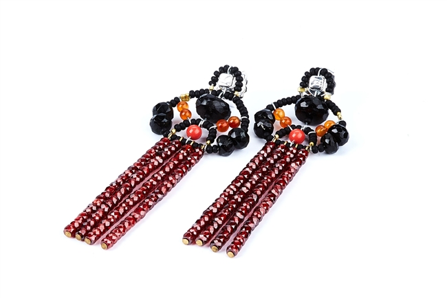 Beautiful long Tassel Earrings in Black & Red by Ziio. The posts feature Black Tourmaline Gemstones with Coral Glass Beads holding four Tassel drops of Rust Red Zircon Gems. Sterling Silver Posts. Hand crafted in Italy.