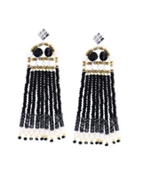 stunning Black Spinel chandelier Fringe Earrings are from Ziio's Fenice Collection.  Accented with White Water Pearls at the top and bottom these are sure to make a statement. Hand beaded on Stainless Steel wire with Murano Glass seed beads. Sterling Post