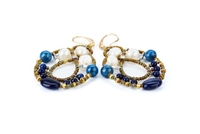 Galaxie chandelier Earrings are done in White Water Pearls & Blue Lapis Gemstones with Blue Zircon accents. Murano Glass Beads on Stainless Steel Wire create the design and shape. Gold plated 925 Sterling Silver Posts. L 2 3/4" X W 1 1/2"