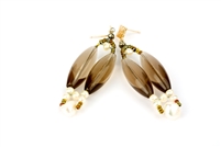 Unique Artisan, designer chandelier Earrings by Ziio. These Limited-Edition Earrings feature two cylindrical, polished Smokey Quartz Gemstones, hi-lighted by White Water Pearls at the top & bottom. Gold plated 925 Sterling Silver Posts. Made in Italy.