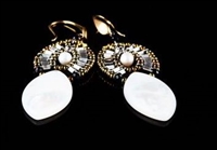 Beautiful White "Marquise" Mother of Pearl Earrings by Ziio.  The top drop is embellished with Sterling Silver Beads surrounding a single White Water Pearl. The drop holds a large oval, opalescent White Mother of Pearl. Hand crafted in Italy