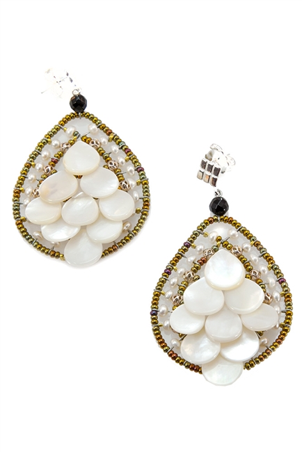 Make a statement with these "Mermaid" Chandelier Earrings by Ziio. Layers of White Mother of Pearl petals overlap at the center and are surrounded by White Fresh Water seed Pearls. Hand crafted on stainless steel wire with Golden Murano Glass seed beads