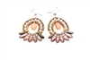 From Ziio's Mistinquett Collection, these Art Deco Drop Earrings are like no other. A center drop of a Peach Moonstone is surrounded by Coral Gemstones and complimented by a fan like effect of Gold Bohemian Glass Beads and accented by Murano Glass Beads.