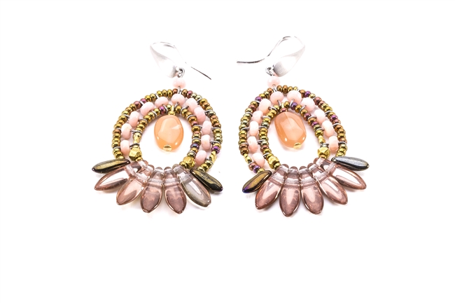 From Ziio's Mistinquett Collection, these Art Deco Drop Earrings are like no other. A center drop of a Peach Moonstone is surrounded by Coral Gemstones and complimented by a fan like effect of Gold Bohemian Glass Beads and accented by Murano Glass Beads.