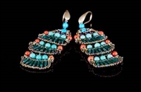 Ziio's Extraordinaire Collection, these designer Chandelier Earrings, named Naga, are truly that - they are multi-dimensional and fall in layers like a Palm Tree. Green Serpentine & Coral Beads, Turquoise & Chrysoprase Gemstones. Sterling Silver
