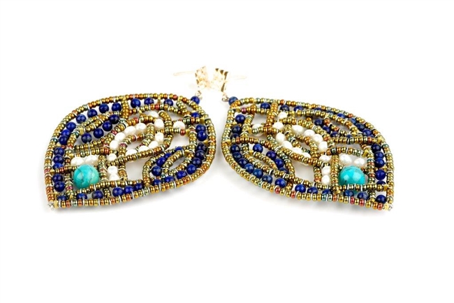 Beautiful beaded Lapis Gemstone Earrings by Ziio. White Water Pearls and a Turquoise Gemstone add interest and color. Hand crafted in Italy with Murano Glass Beads on stainless steel wire. 925 Gold Plated Sterling Silver Posts. L 3 1/4" X W 2"