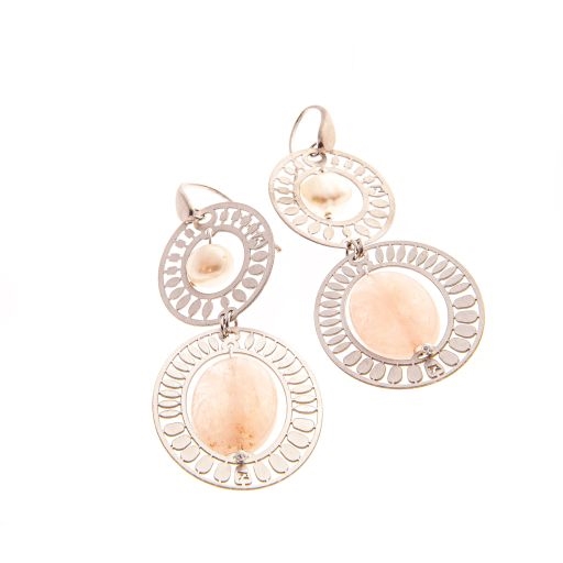 From Ziio's Silver Collection. A halo of laser cut Gold plated Sterling Silver surrounds a single White Pearl, followed by a second halo drop with a Pale Pink Morganite Gemstone at the center. Hand crafted in Italy. 925 Sterling Silver plated Posts