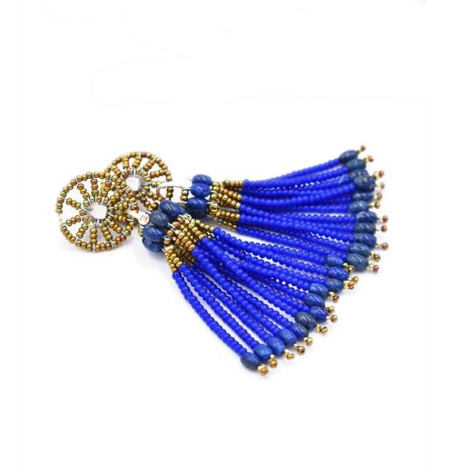 Stunning long Tassel "Pompon" Earrings by Ziio. The golden Murano Glass beaded Post holds multi-strands of Cobalt Blue Lapis Lazuli Gemstones, creating a Chandelier Earring full of movement & color.  925 Sterling Silver Posts. Length 2 3/4".