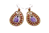 Oval Drop Earring by Ziio compliments everyone. At the center is a small Black Spinel Gemstone & a larger faceted Purple Amethyst. They are framed by Orange Garnet Gems on stainless steel wire with Murano Glass seed Beads. Hand crafted in Italy. Sterling