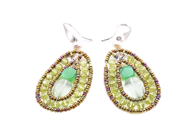 Oval Drop Earring by Ziio is a shape that compliments everyone. At the center is a Flourite Gemstone & an imitation Chrysophrase. They are framed by Green Peridot Gemstones on stainless steel wire with Murano Glass seed Beads. A beautiful harmony of green