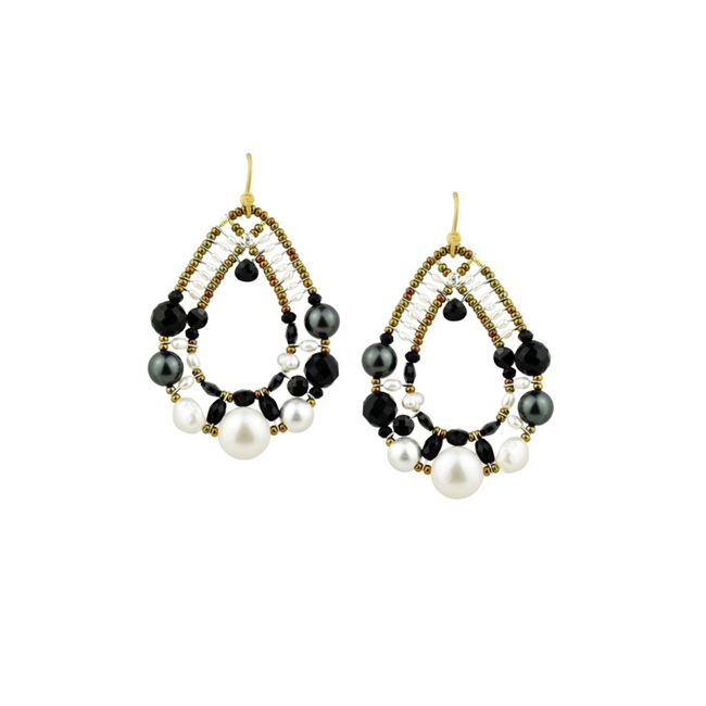 chandelier Oval Earrings have a light open look, but make a bold statement. They feature a medley of Black Gemstones in various shapes and sizes, Onyx, Spinel & Tourmaline, accented with White & Grey Pearls. On a framework of Murano Glass Beads. by Ziio