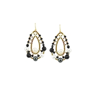 chandelier comet Earrings have a light open look, but make a bold statement. They feature a medley of Black Gemstones in various shapes and sizes, Onyx, Spinel & Tourmaline, accented with White & Grey Pearls and Silver Satin Beads. Made in Italy by Ziio