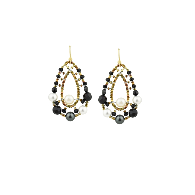chandelier comet Earrings have a light open look, but make a bold statement. They feature a medley of Black Gemstones in various shapes and sizes, Onyx, Spinel & Tourmaline, accented with White & Grey Pearls and Silver Satin Beads. Made in Italy by Ziio