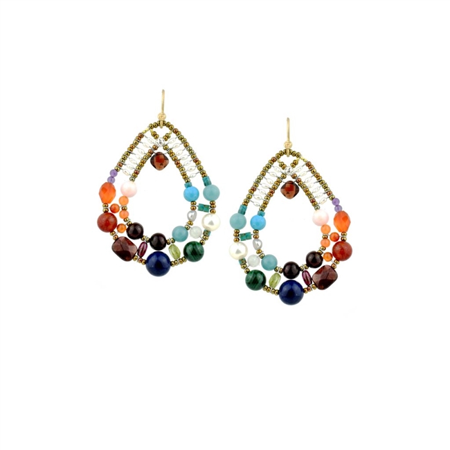 these chandelier oval Hoop Earrings have a light open look, but make a bold statement. They feature a medley of Multi-Color Gemstones in various shapes and sizes, Amethyst, Carnelian, Blue Moon, Garnet, Amazonite, that all blend harmoniously. by Ziio