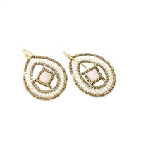 these small, oval drop Pearl Earrings have a light open look. They feature a border of White Seed Pearls with a single Pink Morganite gemstone nesting at the center. On a framework of golden Murano Glass Beads. Gold plated Sterling Silver Posts. by Ziio