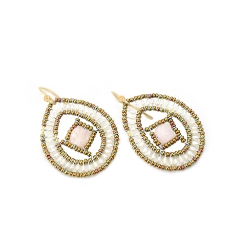 these small, oval drop Pearl Earrings have a light open look. They feature a border of White Seed Pearls with a single Pink Morganite gemstone nesting at the center. On a framework of golden Murano Glass Beads. Gold plated Sterling Silver Posts. by Ziio