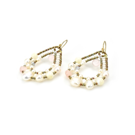 these large, oval Hoop Pearl Earrings have a light  open look, but make a bold statement. They feature a medley of White Pearls in various shapes and sizes & Pink Morganite gemstones that blend harmoniously. On a framework of Murano Glass Beads