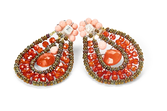 From Ziio's Tabiz Collection, these oval drop Earrings sparkle in Orange Zircon Gemstones. A small Carnelian drop is at the center. Murano Glass Beads on stainless steel wire create the frame & shape. 925 Sterling Silver Posts. Made in Italy