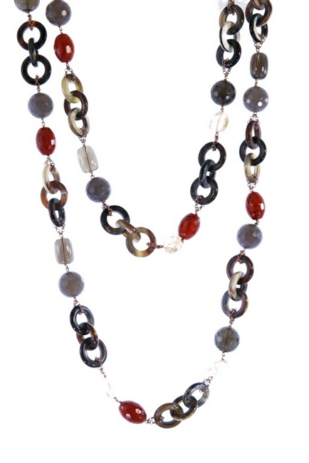 Extra long natural Brown Horn Necklace randomly accented with Grey Quartz, Golden Citrine & Smokey Quartz Gemstone Beads. Rust-color created Beads also add color. Rose Gold plated Sterling Silver Chain links. Snap Clasp.56" long, Crafted in Italy by Amle