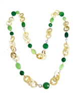Long natural Tan Horn link Necklace with random accents of Pearl, Green Jade & Chalcedony Gemstones. The Horn links are joined together with Rose Gold plated 925 Sterling Silver Chain links. 36" in length. Snap Clasp. Crafted in Italy by Amle