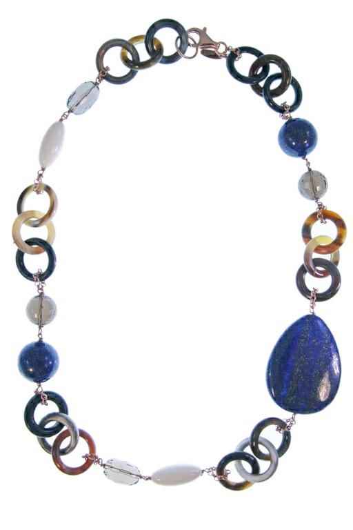 Blue Lapis, Smokey Quartz and natural Horn Asymmetrical Necklace by Amle.  Hand crafted in Italy. Rose Gold plated Sterling Silver chain links &  Lobster clasp.
