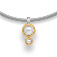 Beautiful double drop White Cultured Pearl Pendant Necklace in two-tone Sterling Silver - White & Yellow Gold plated. Made in Germany by Bastian it comes on a Grey Leather Cord, 18" in length.