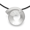 An open swirl brushed Sterling Silver Circular Pendant filled on one side with a sparkle of Diamond Dust. Made in Germany by Bastian it has a modern look & is rhodium plated to prevent tarnishing. On an 18" long black cord band. Pendant 1 1/4" round.