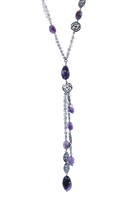 Sterling Silver  Pendant Drop Necklace has a Dark Rhodium finish complimented by  Purple Amethyst Gemstones. Double link Chain & dimensional Filigree Silver Beads add designer style. Made in Italy by Claudio Faccin. Lobster Clasp.