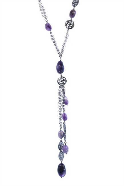Sterling Silver  Pendant Drop Necklace has a Dark Rhodium finish complimented by  Purple Amethyst Gemstones. Double link Chain & dimensional Filigree Silver Beads add designer style. Made in Italy by Claudio Faccin. Lobster Clasp.
