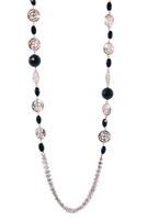 Enjoy the warmth of Rose Gold in this beautiful Sterling Silver plated Necklace with mixed sizes of Black Onyx Gemstone Beads. The multi-chain links have dimensional open work Filigree Beads. Can be worn long or doubled. Made in Italy by Claudio Faccin.