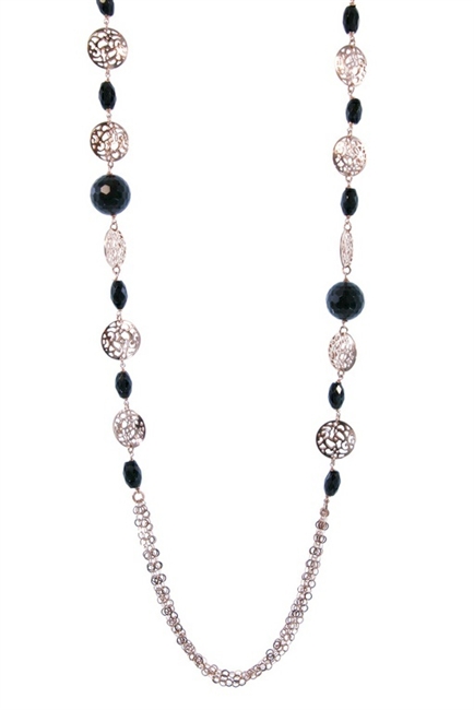 Enjoy the warmth of Rose Gold in this beautiful Sterling Silver plated Necklace with mixed sizes of Black Onyx Gemstone Beads. The multi-chain links have dimensional open work Filigree Beads. Can be worn long or doubled. Made in Italy by Claudio Faccin.