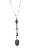 A beautiful, dark Rhodium plated Sterling Silver Y-Necklace is complimented by four Pink Quartz Gemstone faceted beads on the neck Chain and Animal printed Enameled Beads with charms of various shapes on the tassel drop. Made in Italy by Claudio Faccin.