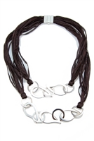 Unique in design and construction - threads of 925 sterling silver have been dyed brown and woven into strands that feel like silk. This necklace features a double drop with white Sterling Silver chain link charms at the front.  Made in Italy by Calgaro.