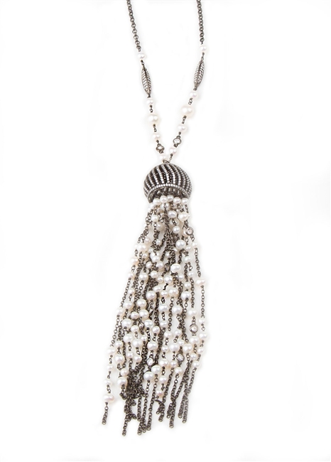 One-of-a-Kind Long Tassel Pendant Necklace by Elissa Illana. Dark Rhodium Sterling chains are enhanced with contrasting White Pearls and Swarovski Crystal elements. The Tassel is 5 Inches in length & 1 inch wide. On a 31 inch chain. Lobster Clasp.