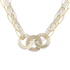 A stunning two-tone Necklace by Frederic Duclos.  The Necklace features three rings at the front in two-tone White & Yellow Gold plated Sterling Silver. Seven chain links create the band and hold the rings, laser cut for reflective quality, and two-tone