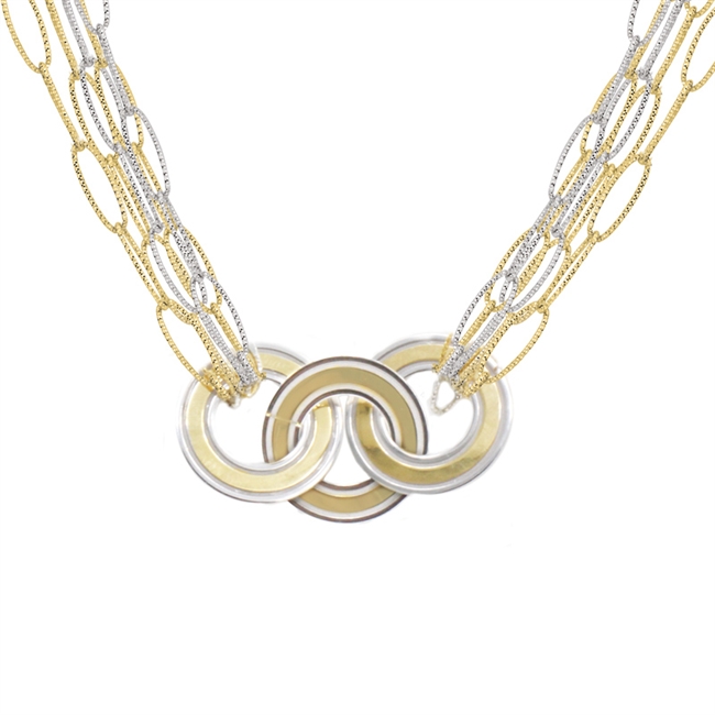 A stunning two-tone Necklace by Frederic Duclos.  The Necklace features three rings at the front in two-tone White & Yellow Gold plated Sterling Silver. Seven chain links create the band and hold the rings, laser cut for reflective quality, and two-tone