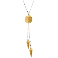 2-tone Gold Solar Wrapped Pendant Drop Necklace by Frederic Duclos. A dimensional round Bead has been Yellow Gold plated, then wrapped with laser cut Gold plated Sterling Silver wire. Two Arrow wrapped beads drop from the pendant. Sterling Silver