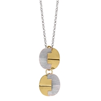 Double Drop Pendant Necklace. Geometric pieces fit together like a puzzle, done in Brushed Silver & Yellow Gold Plated. Made in 925 Sterling Silver by Frederic Duclos. Pendant Length 1 1/2 inch. Chain 16" to 18" adjustable. Matching Earrings available